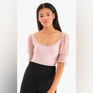 Amanda Uprichard Savoy Pink & Cream Bodysuit w Tulle Puff Sleeves - Sz Large